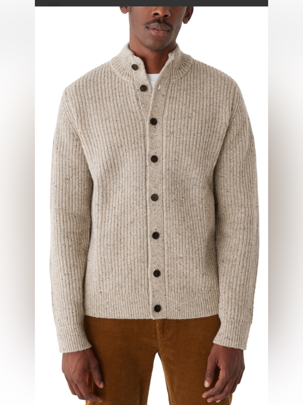 Frank & Oak Cream Ribbed Button-Up 80% lambs wool Cardigan. LG
